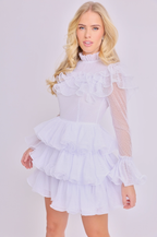 Amy Jane London White Long Sleeve Ruffle Tiered Detail Flared Evalina Mini Dress - House Of Huntington