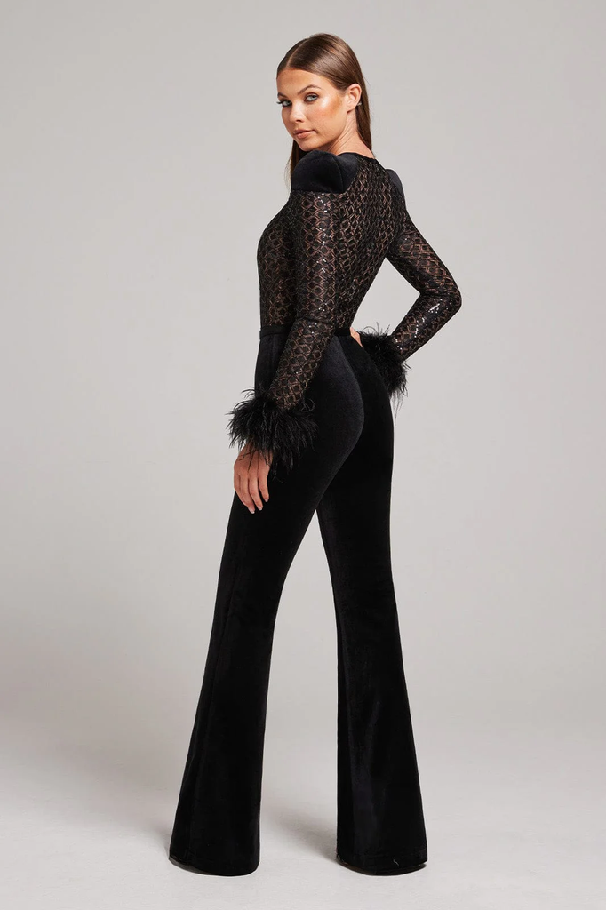 NADINE MERABI Black Monique Sequinned Lace Detail Feather Cuff Jumpsuit - House Of Huntington