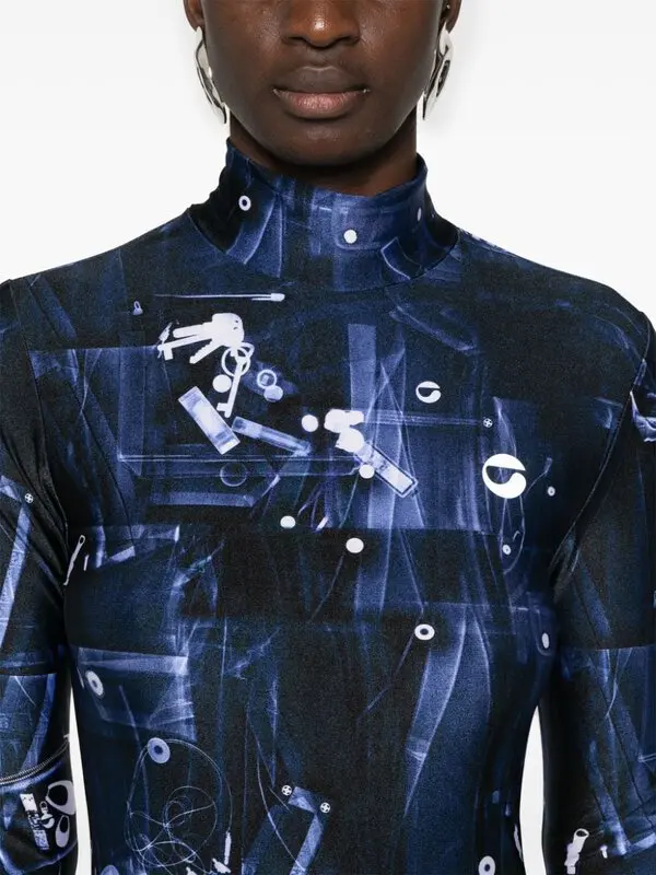 Coperni X-Ray Blue Print Logo Front Long Sleeve High Neck Mini Dress