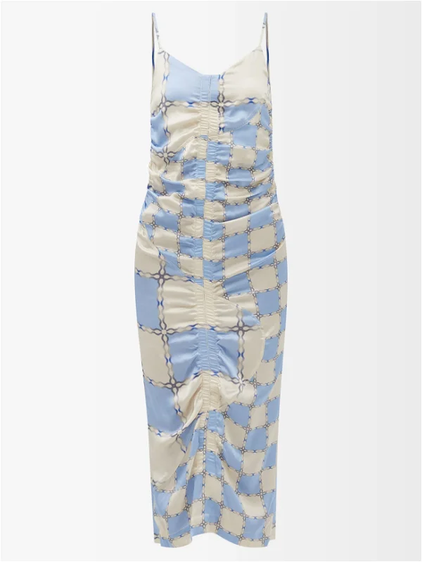 AHLUWALIA Augusta Blue Ruched Check Print Silk Dress - House Of Huntington