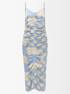 AHLUWALIA Augusta Blue Ruched Check Print Silk Dress - House Of Huntington