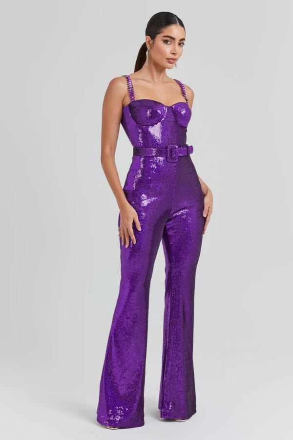Nadine Merabi Sabrina High Shine Purple Full Sequinned Jumpsuit