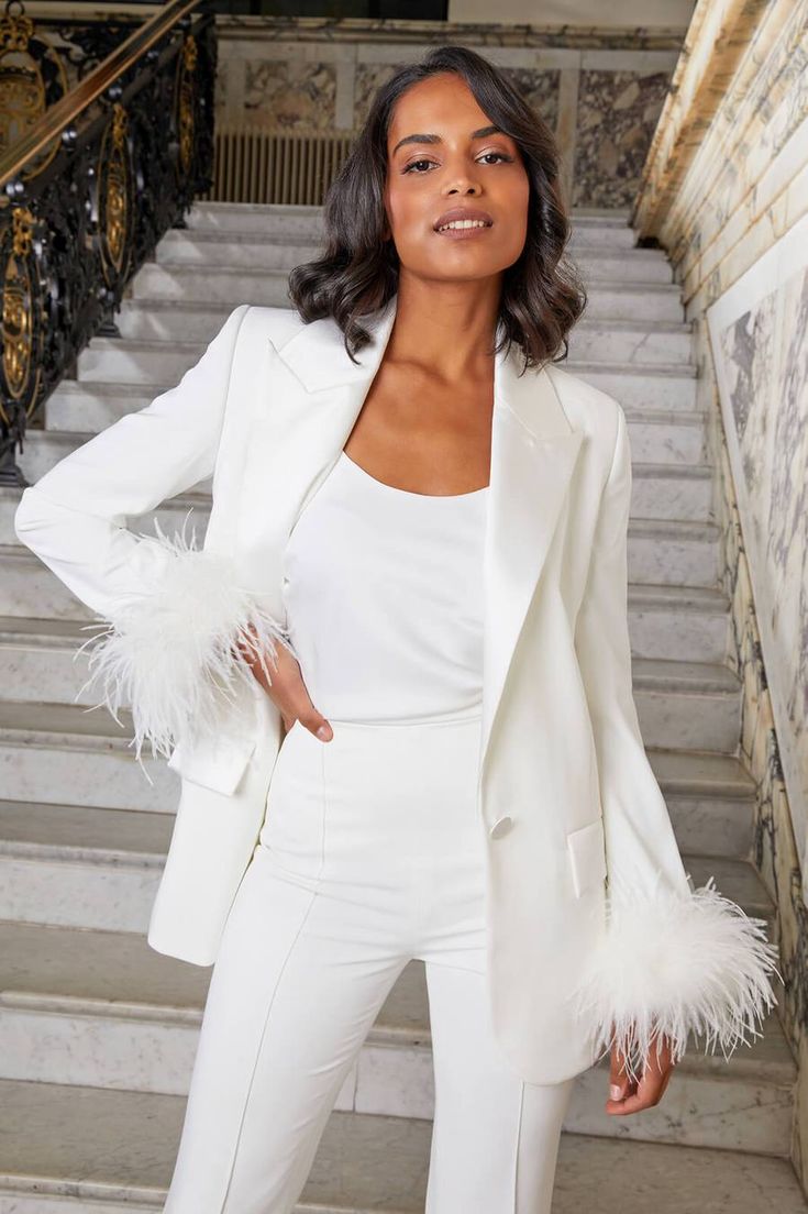 Nadine Merabi White Margot Bridal Feather Cuff Blazer Jacket