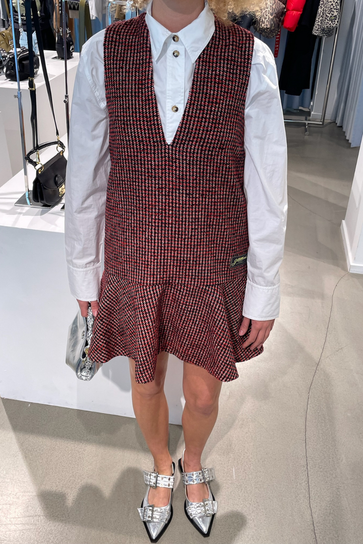 Ganni Red Tweed Check Pattern Red Mini Length Dress