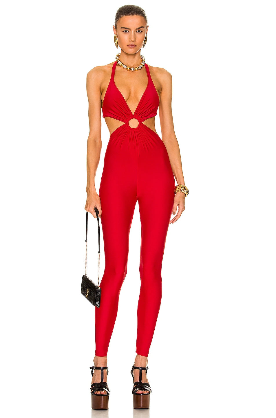 Saint Laurent Red Sleeveless Cutout Jumpsuit