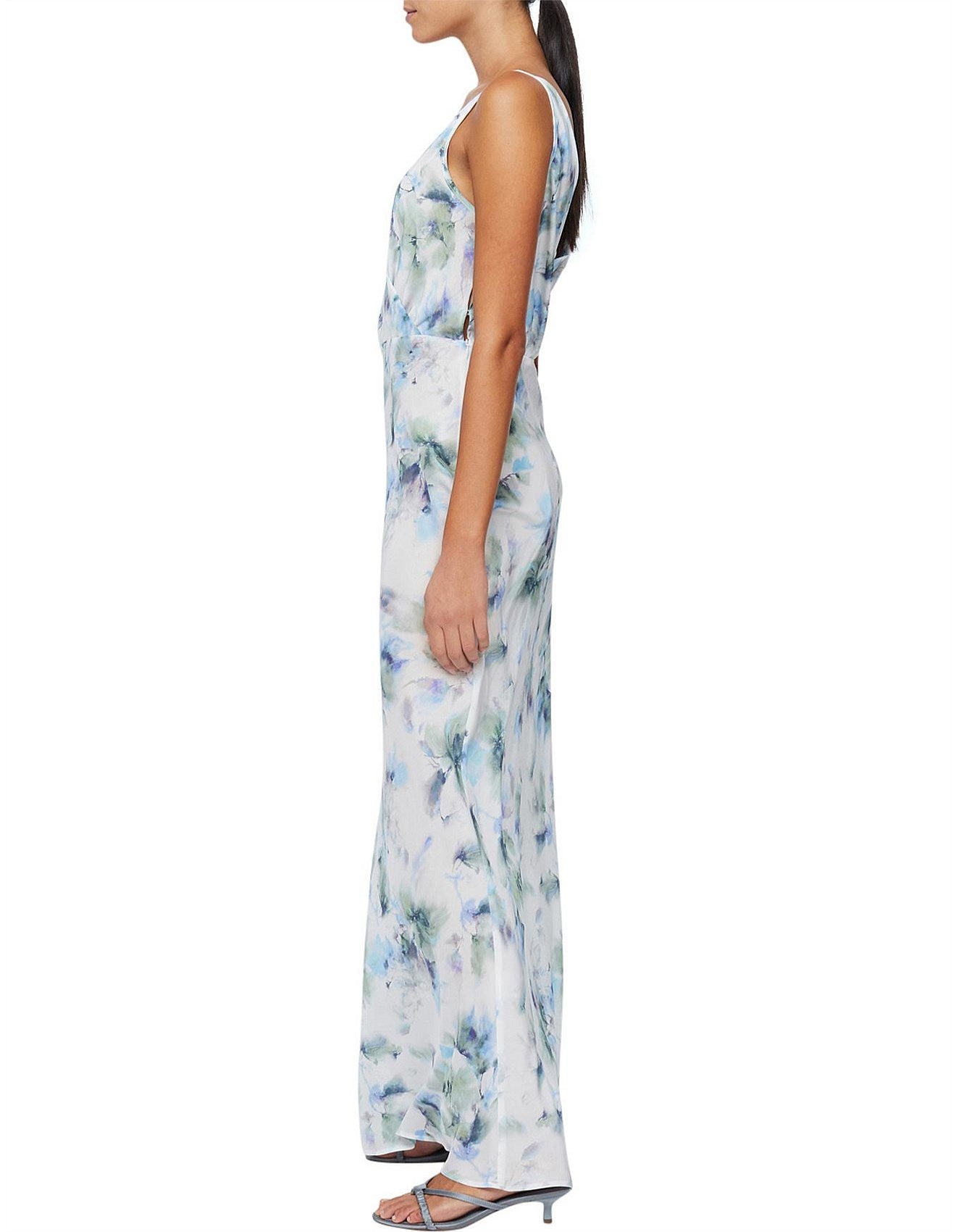 Bec + Bridge Corrine Floral Slip Watercolour Satin V Neck Maxi Dress