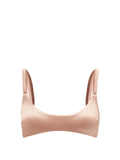 ISA BOULDER Gather Scoop-Neck Satin-Jersey Fona Brown Bikini Swim Top - House Of Huntington