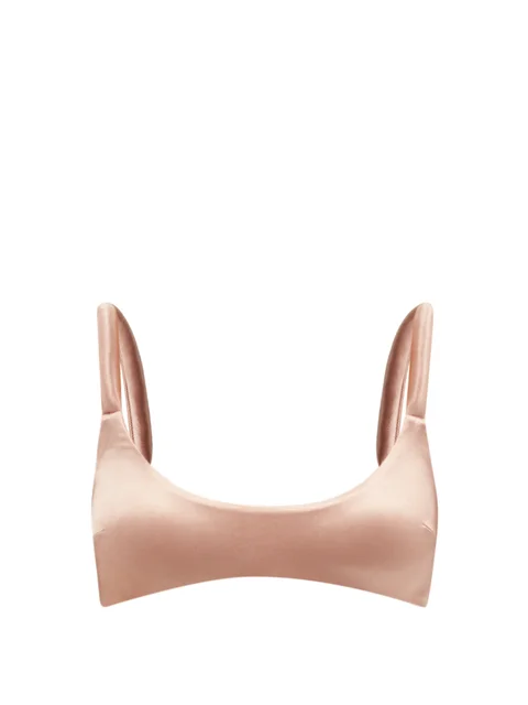 ISA BOULDER Gather Scoop-Neck Satin-Jersey Fona Brown Bikini Swim Top - House Of Huntington