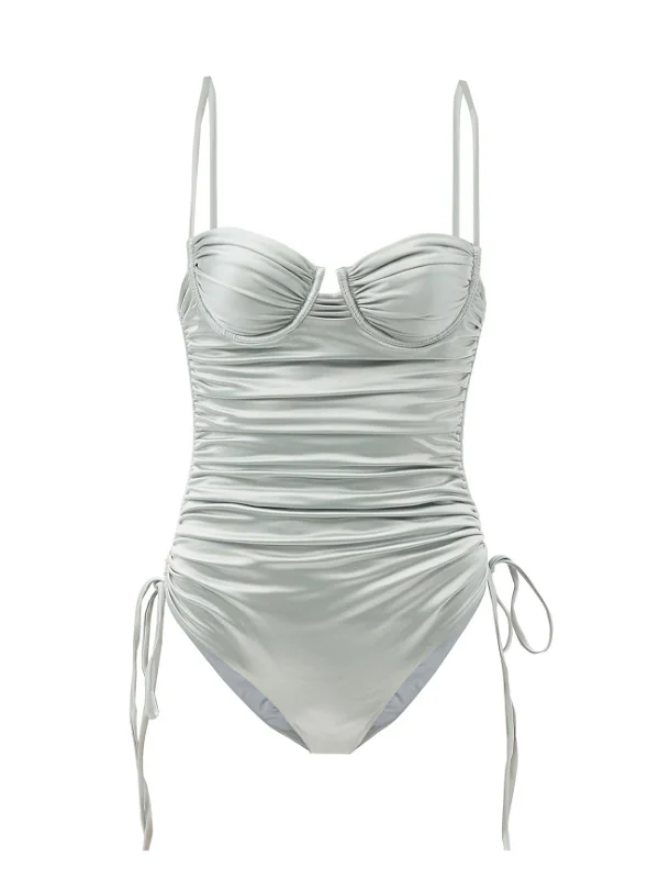 ISA BOULDER Silver Nina Ruched Tie-Up Sides Swimsuit - House Of Huntington