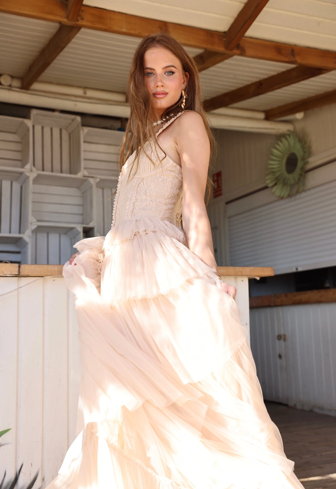 Amy Jane London Champagne Regency Era Corset Bodice Tulle Florence Gown - House Of Huntington