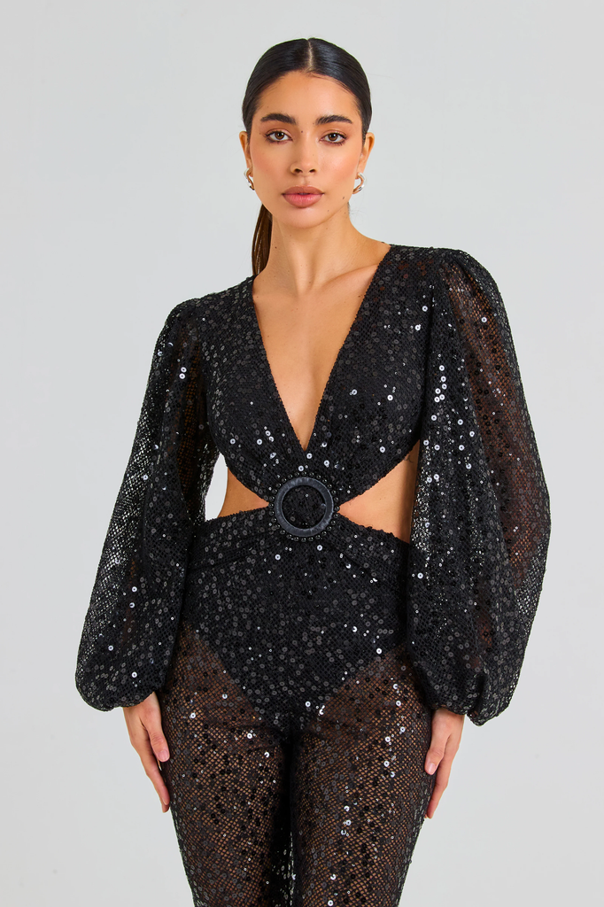 NADINE MERABI Black Madison Sequinned Netted Embellished Detail Cut-Out Jumpsuit - House Of Huntington