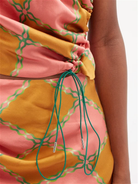 AHLUWALIA Silk Tumeric Pink Green Check Printed Tie Detail One Shoulder Top - House Of Huntington