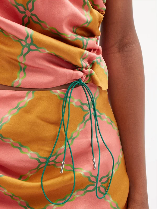 AHLUWALIA Silk Tumeric Pink Green Check Printed Tie Detail One Shoulder Top - House Of Huntington