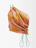 AHLUWALIA Silk Tumeric Pink Green Check Printed Tie Detail One Shoulder Top - House Of Huntington