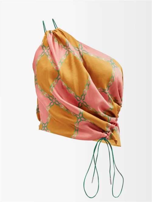 AHLUWALIA Silk Tumeric Pink Green Check Printed Tie Detail One Shoulder Top - House Of Huntington
