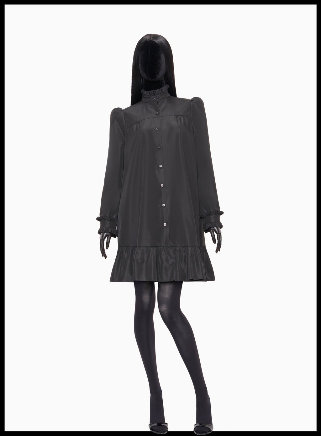 The Vampire's Wife The Splitter Black Taffeta Pleat Detail Ruffle Trim Dress - House Of Huntington