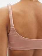 ISA BOULDER Gather Scoop-Neck Satin-Jersey Fona Brown Bikini Swim Top - House Of Huntington