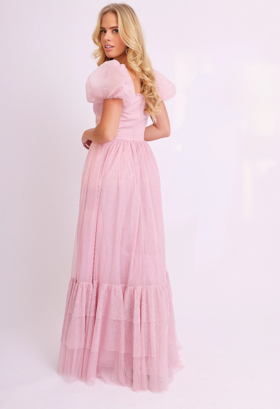 Amy Jane London Pink Tiffany Corset Bodice Sparkly Tulle Puff Sleeve Sweetheart Neck Maxi Gown - House Of Huntington