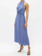 RAEY Blue Halterneck Draped-Front Wraparound Silk Dress - House Of Huntington