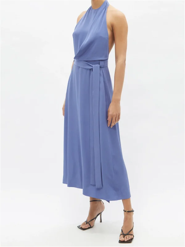 RAEY Blue Halterneck Draped-Front Wraparound Silk Dress - House Of Huntington