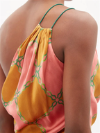 AHLUWALIA Silk Tumeric Pink Green Check Printed Tie Detail One Shoulder Top - House Of Huntington