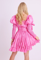 Amy Jane London Esmerelda Hot Pink Puff Sleeve Bow Detail Fitted Laced Bodice Prairie Mini Dress - House Of Huntington