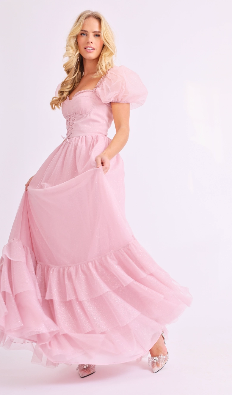 Amy Jane London Pink Tiffany Corset Bodice Sparkly Tulle Puff Sleeve Sweetheart Neck Maxi Gown - House Of Huntington