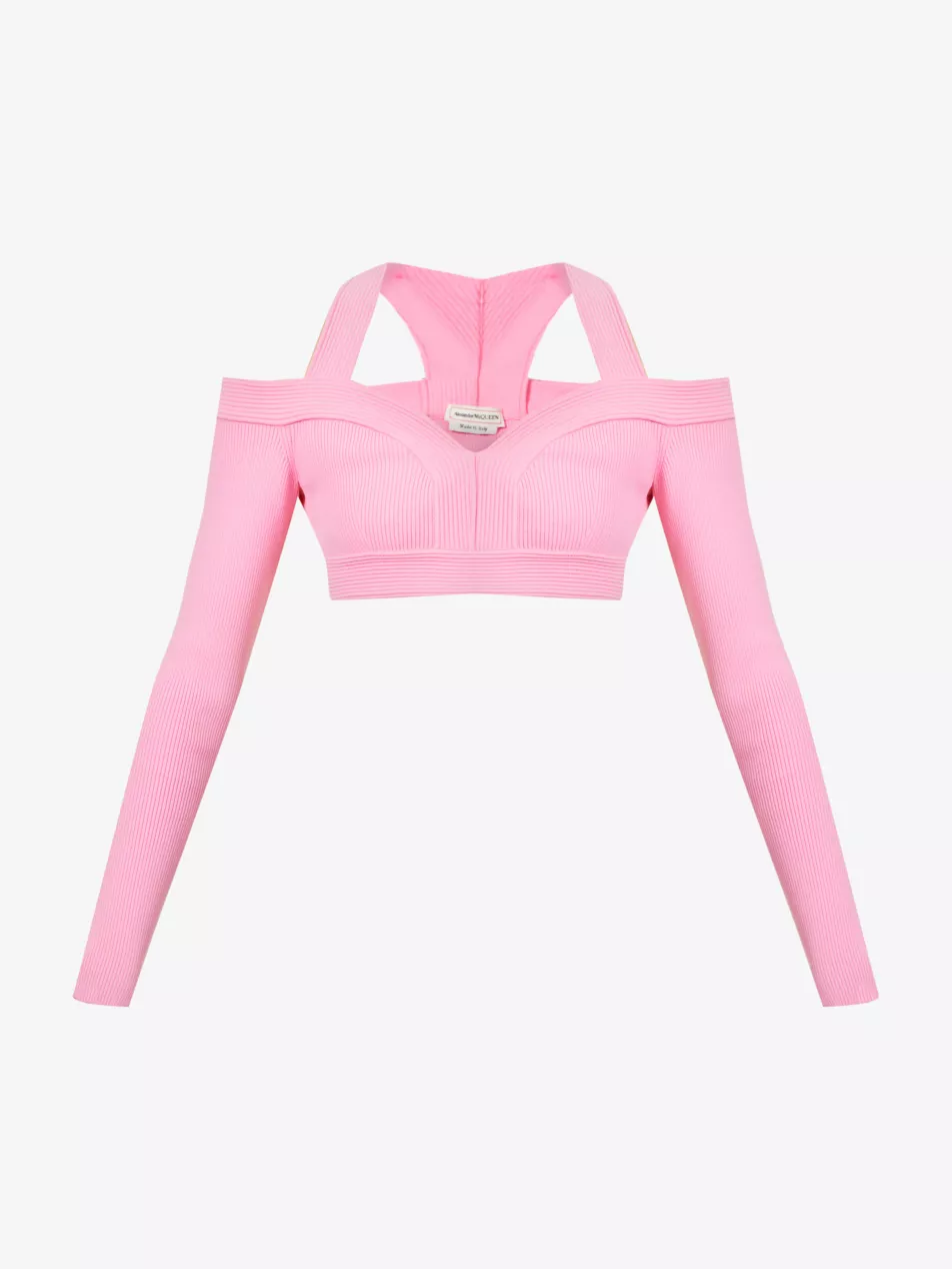 Alexander McQueen Pink Sweetheart Neck Cropped Rib Knit Long Sleeve Top