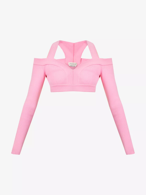Alexander McQueen Pink Sweetheart Neck Cropped Rib Knit Long Sleeve Top