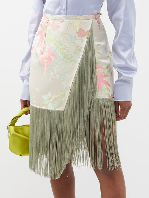 Taller Marmo Floral Oriental Jacquard Fringed Skirt
