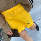 Prada Yellow Ruffle Trim Belted Logo Patch Mini Skirt