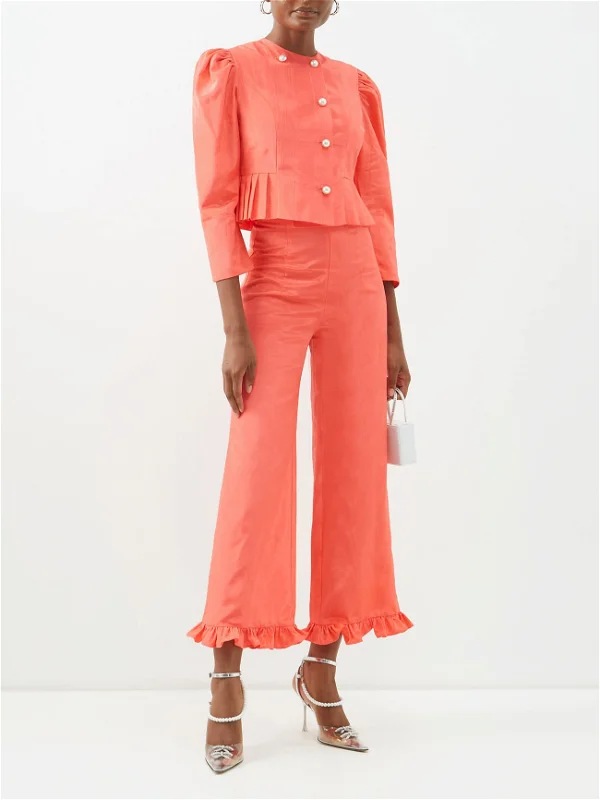 BATSHEVA Pink Ruffle Bottoms Moiré Trousers - House Of Huntington