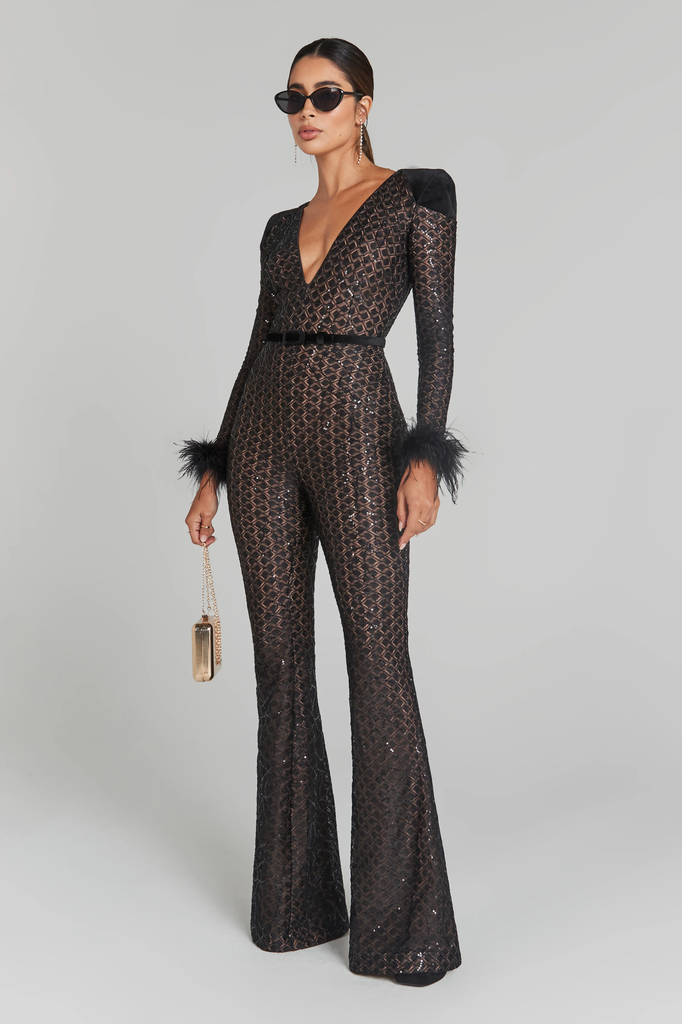 NADINE MERABI Black Rachel Full Sequinned Lace Detail Feather Cuff Jumpsuit - House Of Huntington