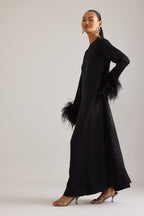 Sleeper Suzi Feather Cuffs Black Satin Maxi Dress