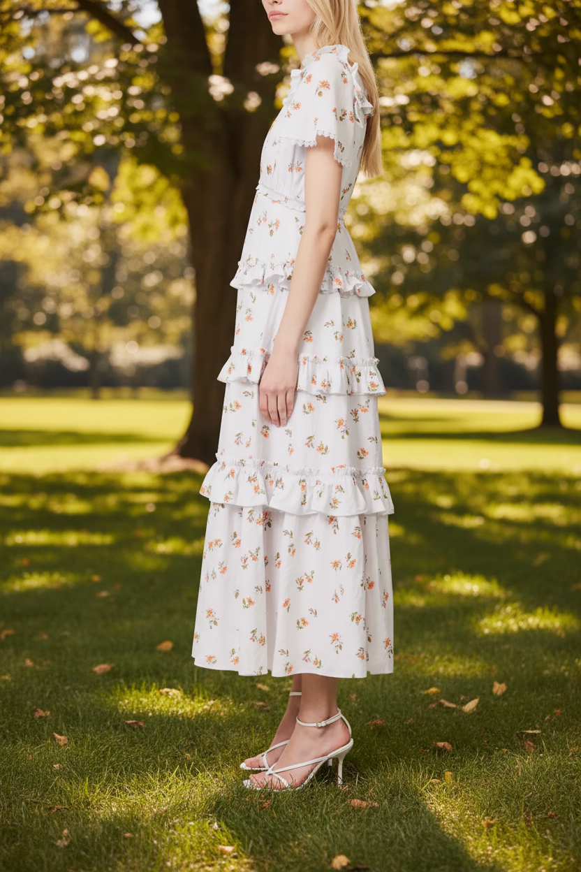 NEEDLE AND THREAD Floral Print Tiered Hem Organic Cotton Midi Dress - House Of Huntington