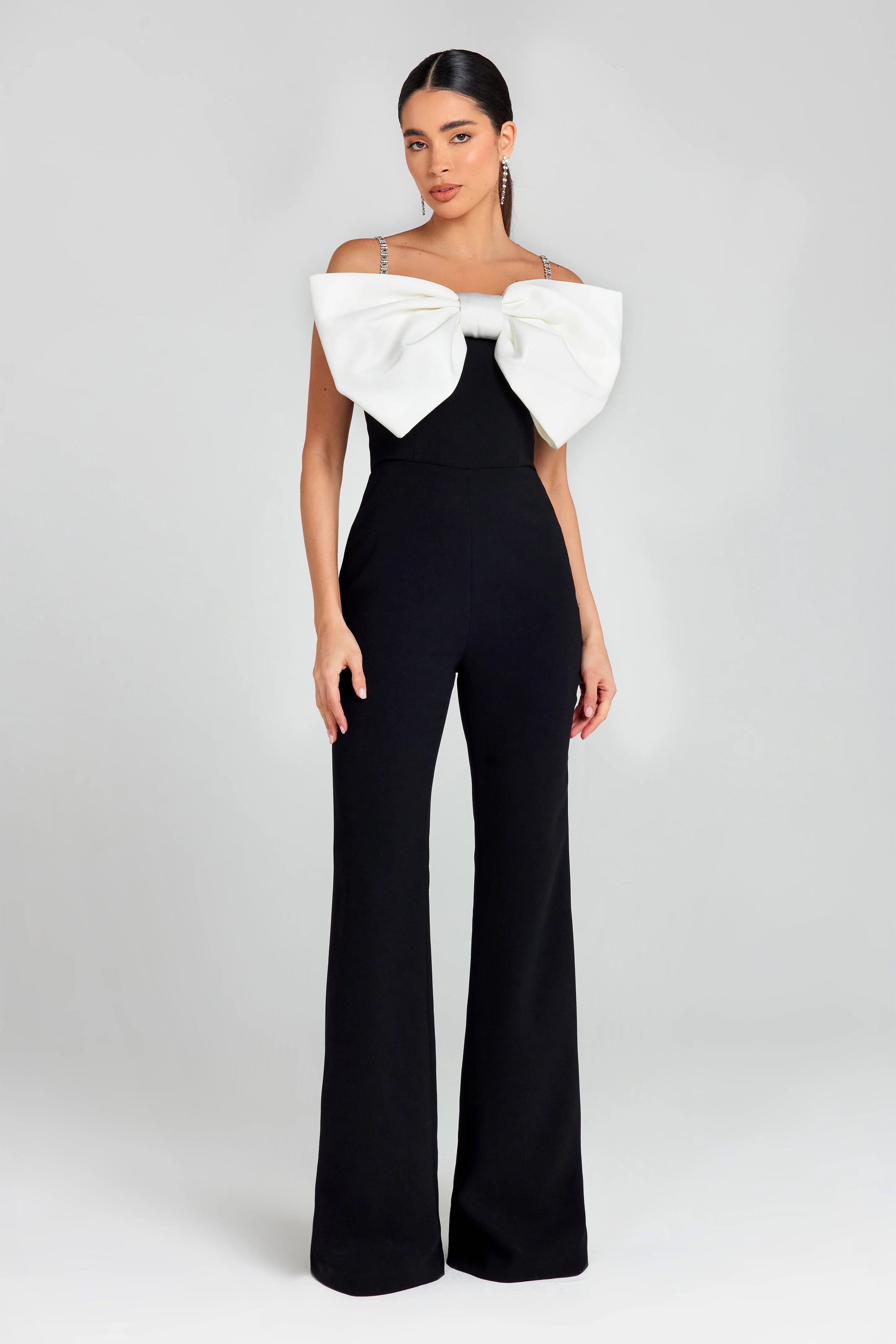 Nadine Merabi Jenny Large Bow Front Black White Diamante Strap Jumpsuit