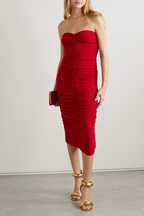 Norma Kamali Red Slinky Gathered Ruched Sweetheart Neck Strapless Dress
