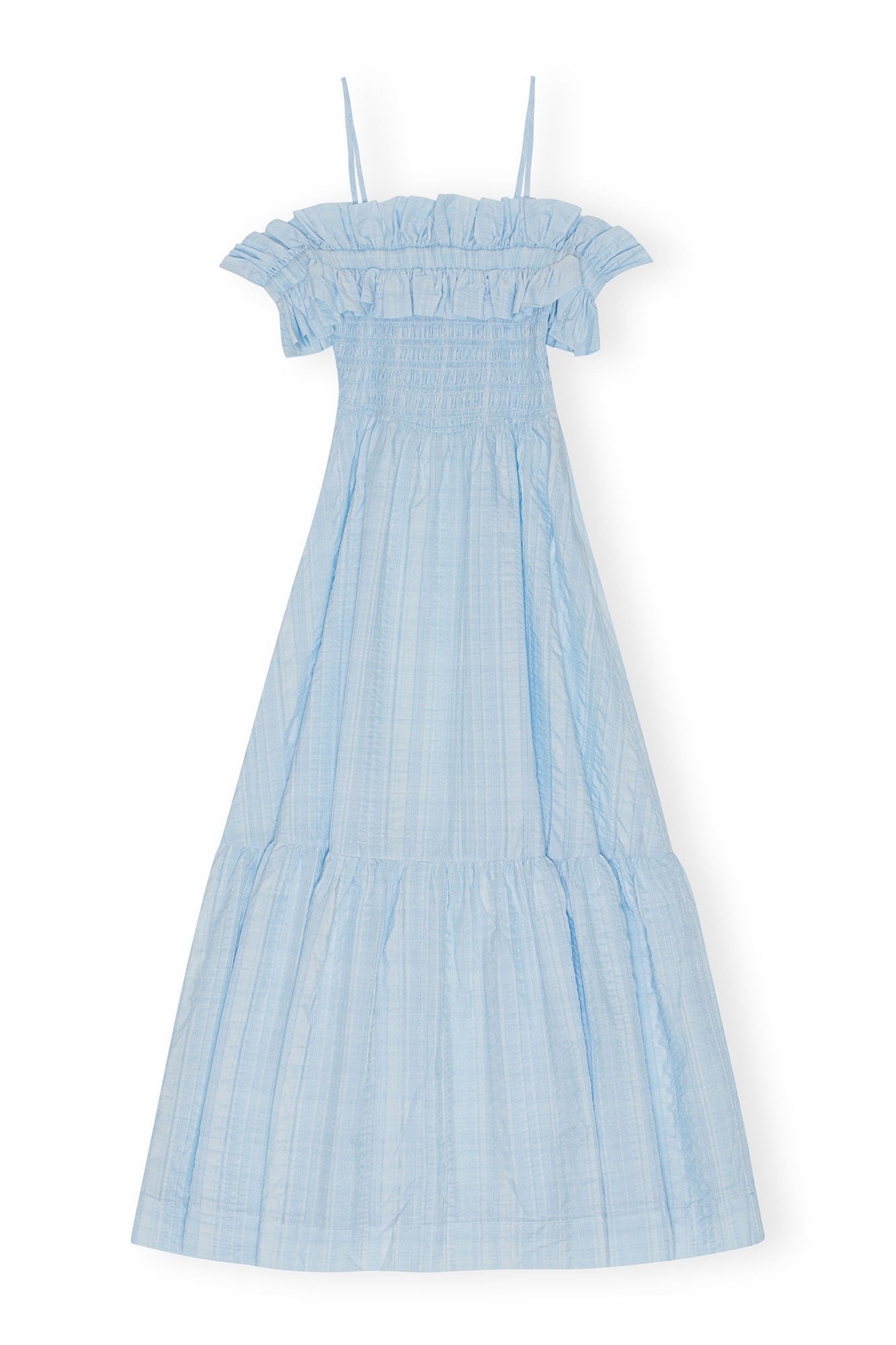 Ganni Blue Ruffle Detail Smock Off Shoulder Maxi Dress