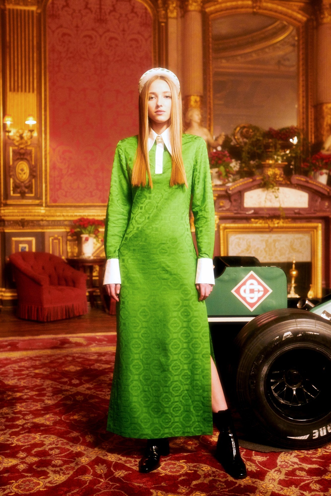 Casablanca Tennis Club Monogram Satin Jacquard Emerald Green Shirt Dress