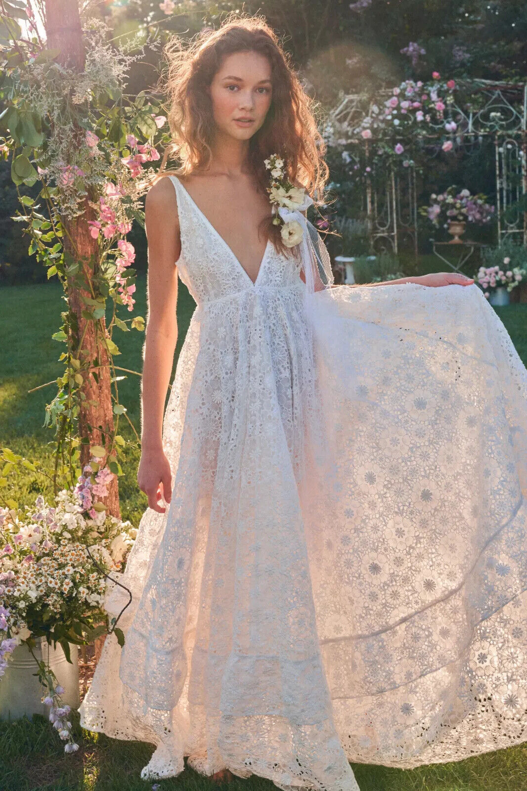 LoveShackFancy Bridal White Romantic Lace Bow Back Wedding Gown - House Of Huntington