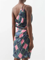 AHLUWALIA Patel One-Shoulder Draped Navy Pink Check Printed Satin Top - House Of Huntington
