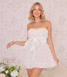 Amy Jane London White Oversized Satin Bow Waist Sweetheart Neck Poofy Ruffle Mini Dress - House Of Huntington