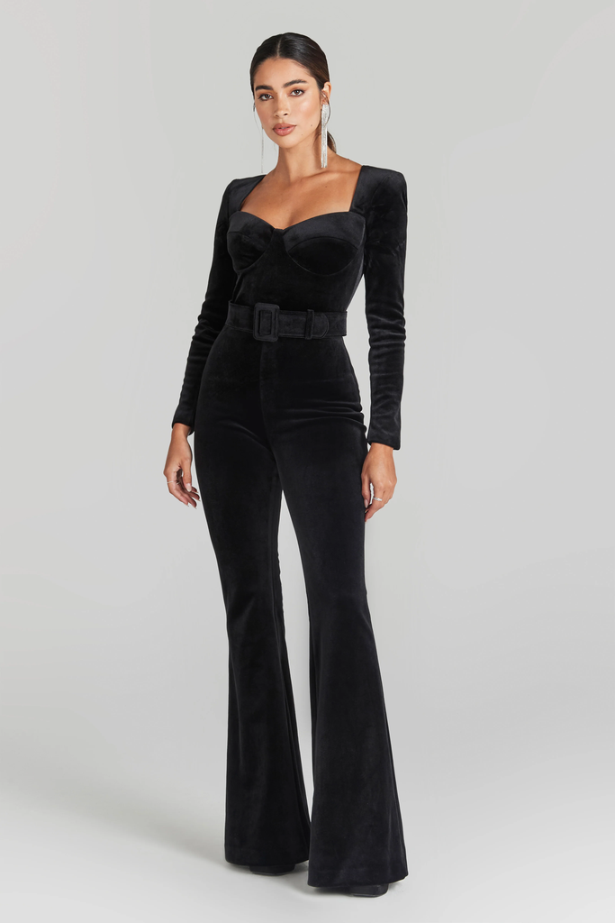 NADINE MERABI Black Natalia Velvet Corseted Sweeheart Neck Jumpsuit - House Of Huntington