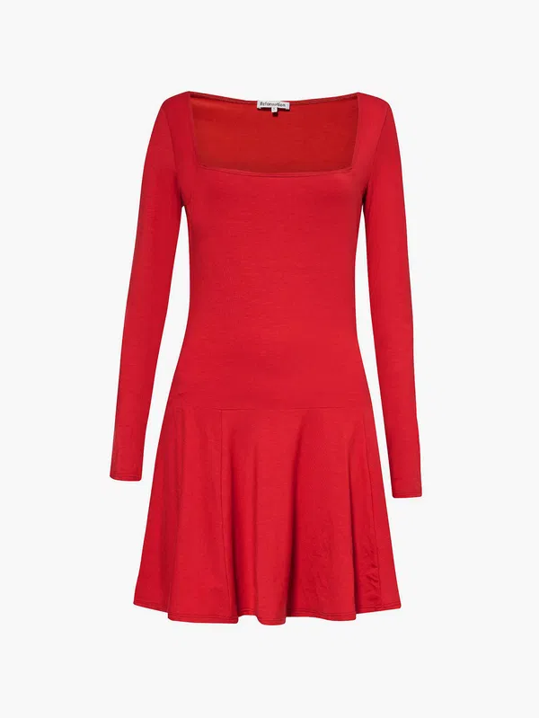 Reformation Coen Red Knit Square Neck Drop Waist Pleat Hem Mini Dress