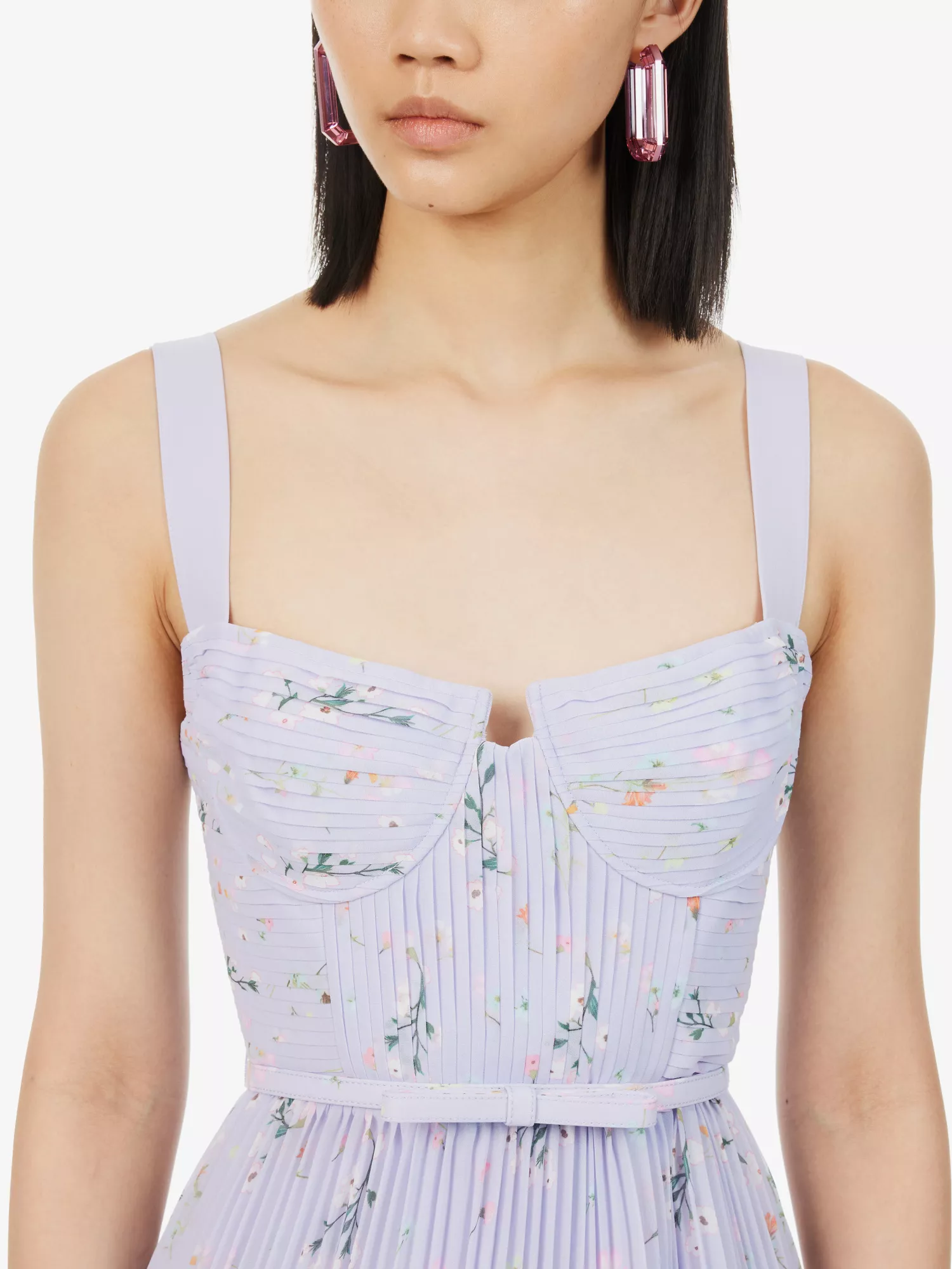 Self-Portrait Lilac Floral Print Pleated Sweetheart Neck Chiffon Midi Dress