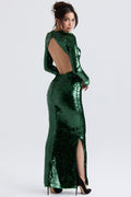 House Of CB Belle Sequinned Pine Green Open Back Maxi Dress