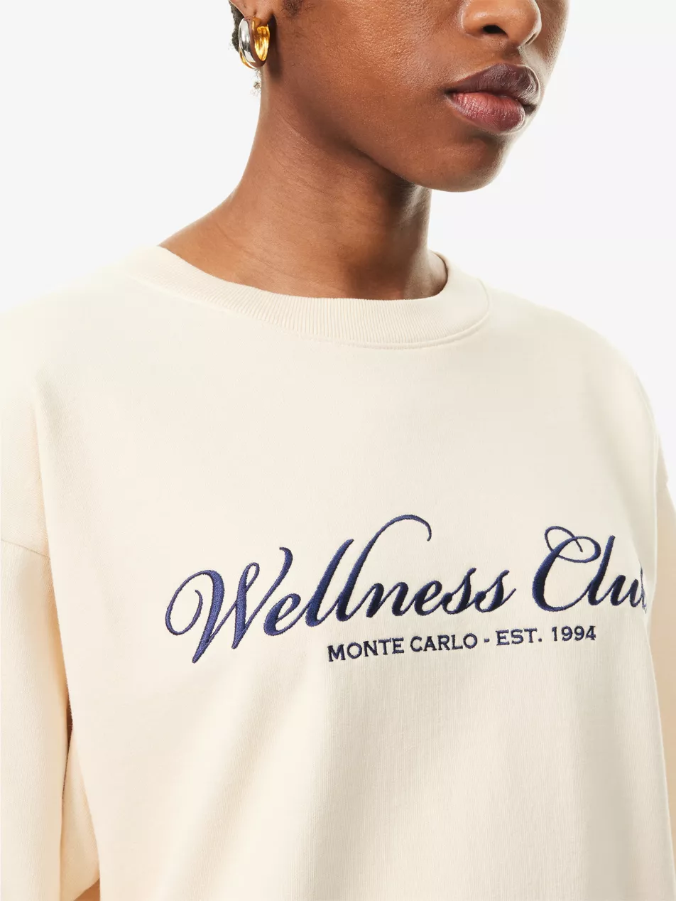 Sporty & Rich Wellness Club Embroidered Crewneck Cream Cotton Sweatshirt