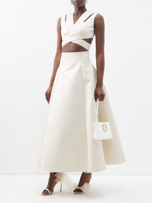 EMILIA WICKSTEAD Jax Cutout-Waist Duchess Satin Ivory Gown - House Of Huntington