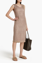 Brunello Cucinelli Beige Crochet Open Knit Linen Silk Blend Sleeveless Midi Dress