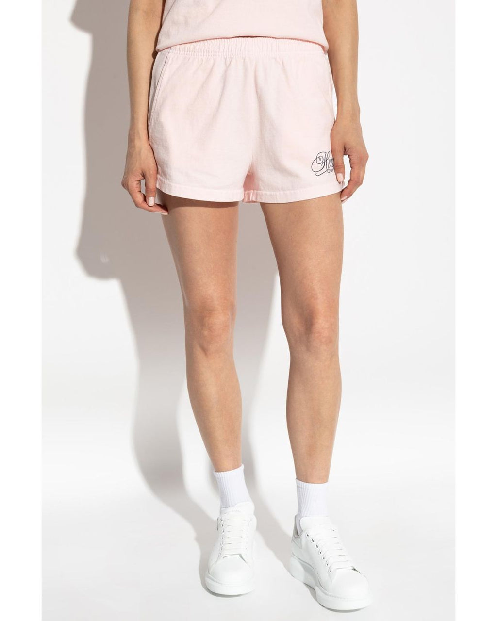 Sporty & Rich Pink Health Club Script Print Disco Shorts